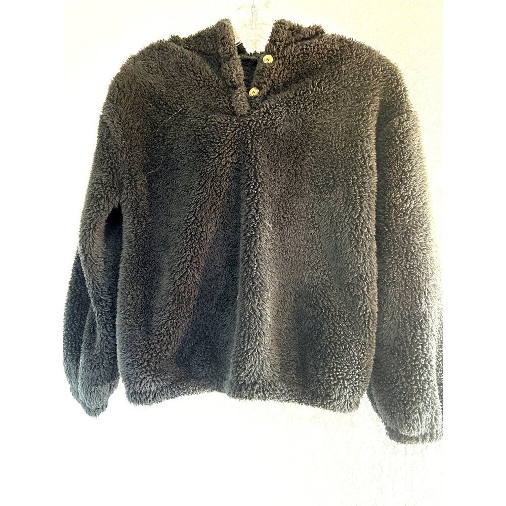 Girls Hoodie Fleece Black Pull Over 2 Button Size 10-12